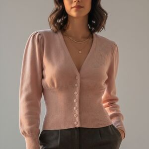 Vintage Maggie Jana Cardigan P/S Pink V-Neck Floral Embroidery Puff Shoulder 80s